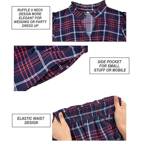 Womens Navy Plaid Cottage Preppy Prairie Classic Tiered Ruffle Midi Dress 1X - Picture 5 of 6